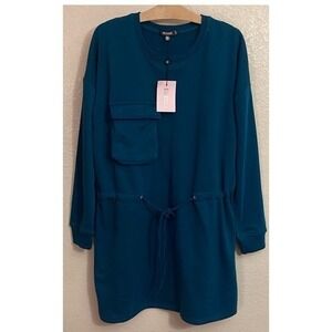 Missguided Teal Utility Pocket Sweater Dress Drawstring Waist US Plus Size 2 NWT